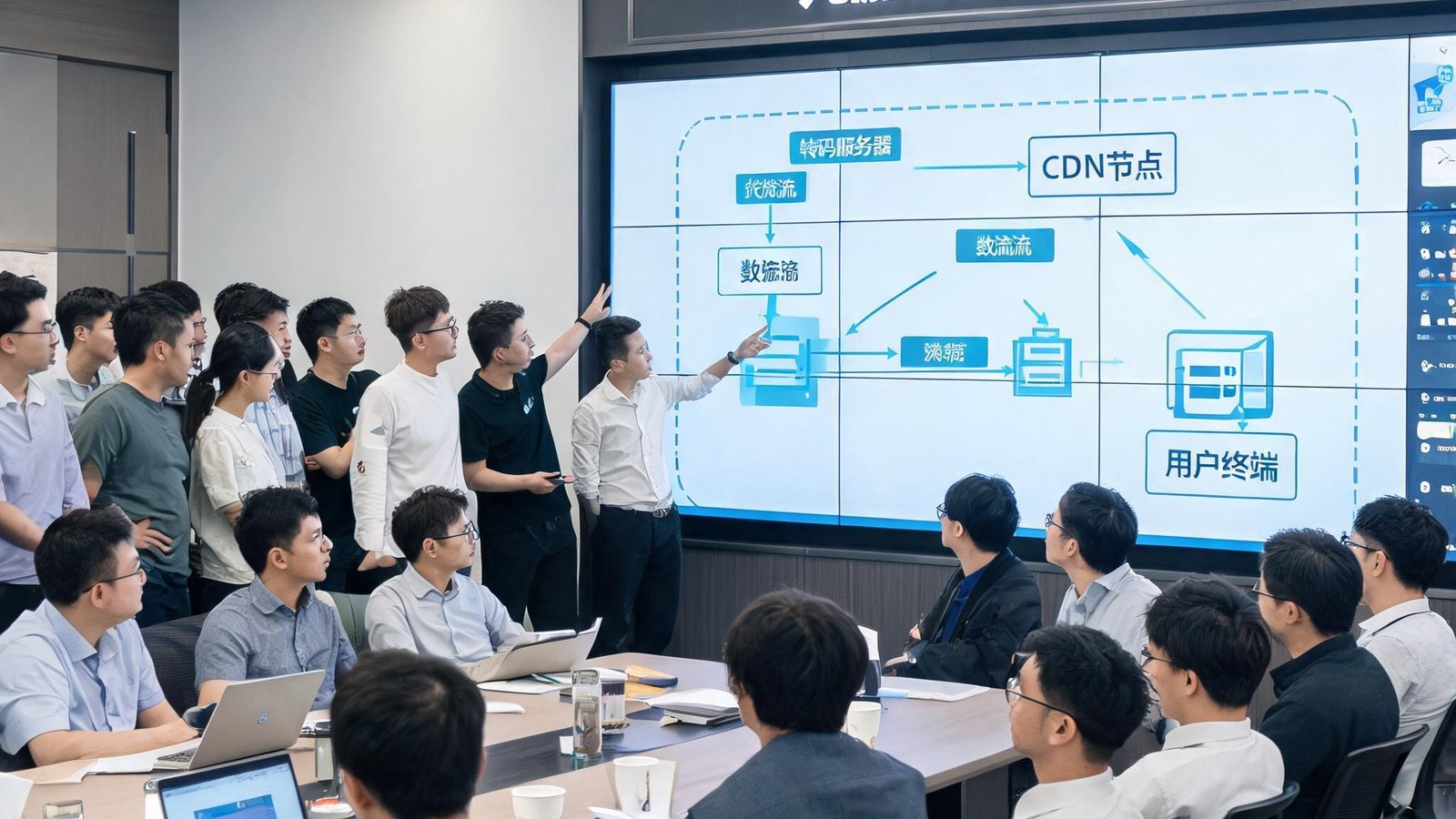 九游会体育中国总部，20多名技术工程师围坐在大屏幕前讨论新一代流媒体架构